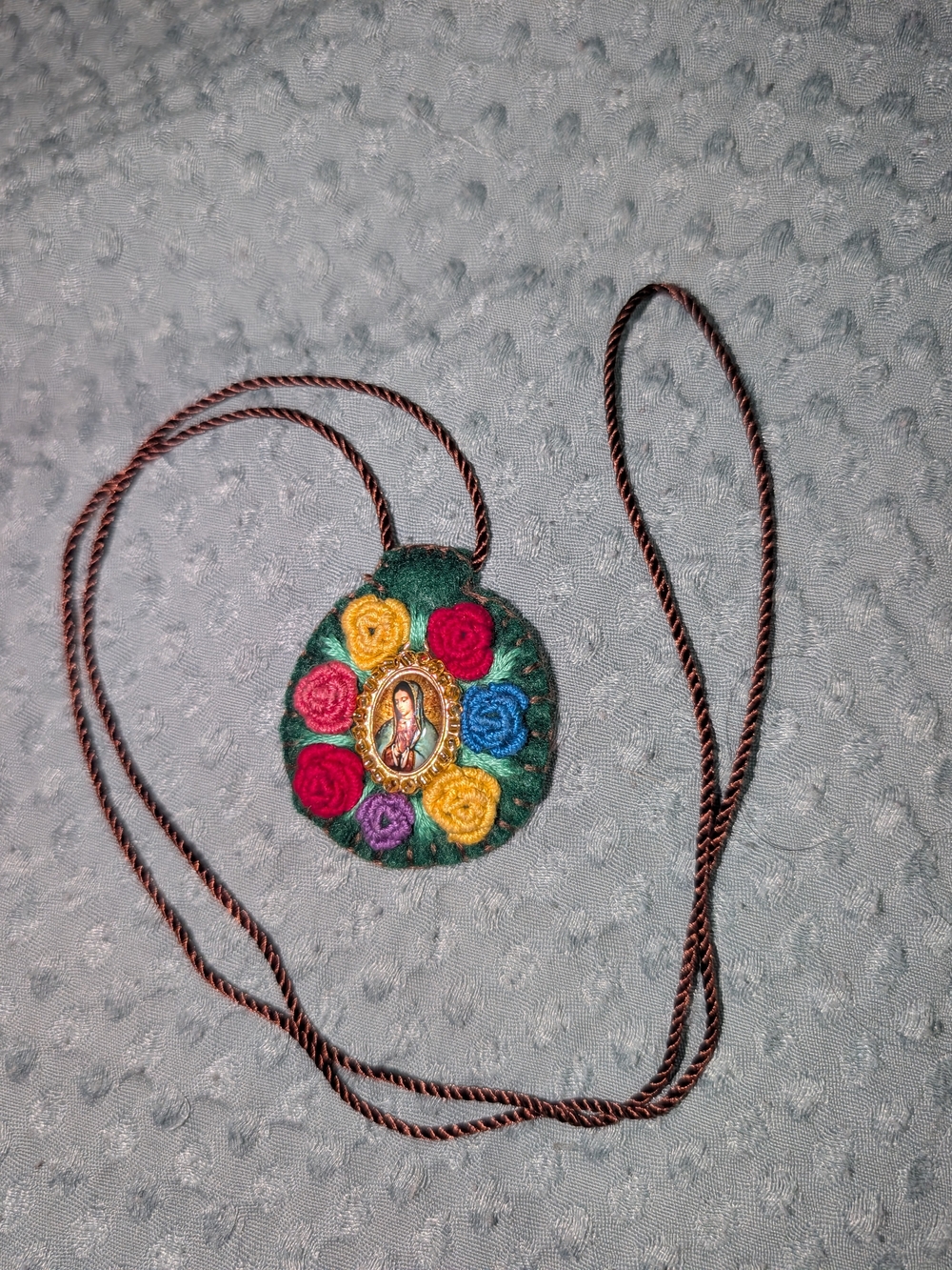 Embroidered Green Floral Pendant Necklace with Multicolor Rosettes